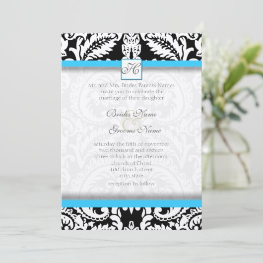 Black Damask met Bright Aqua Wedding-uitnodigingen Kaart (Staand voorkant)