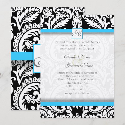 Black Damask met Bright Aqua Wedding-uitnodigingen Kaart (Voorkant / Achterkant)