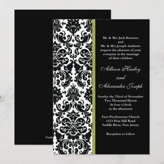 Black Damask met Green accent Wedding Invitation Kaart (Voorkant / Achterkant)