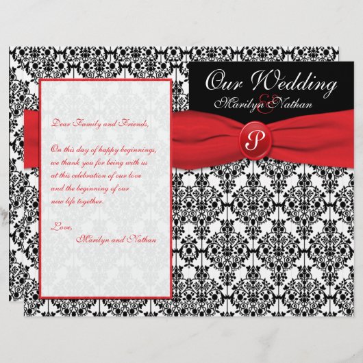 Black Damask met Poppy Red Wedding Program (Voorkant / Achterkant)