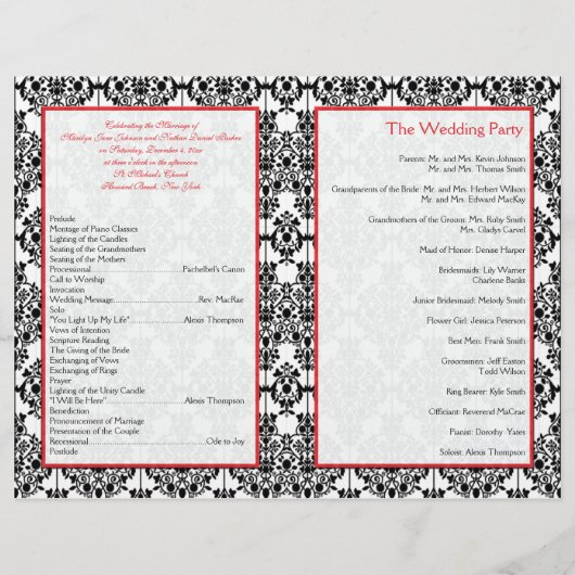 Black Damask met Poppy Red Wedding Program (Achterkant)