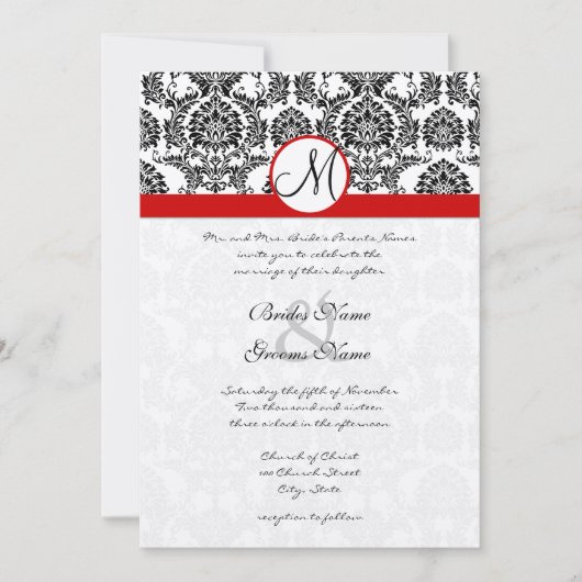 Black Damask met Red Trim Wedding Invitation Kaart (Voorkant)