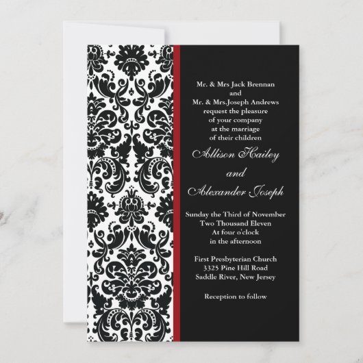 Black Damask met rood accent Wedding Invitation Kaart (Voorkant)