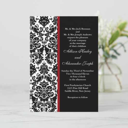 Black Damask met rood accent Wedding Invitation Kaart (Staand voorkant)