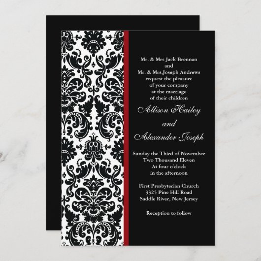 Black Damask met rood accent Wedding Invitation Kaart (Voorkant / Achterkant)