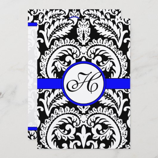 Black Damask met Royal Blue Wedding Invitations Kaart (Voorkant / Achterkant)