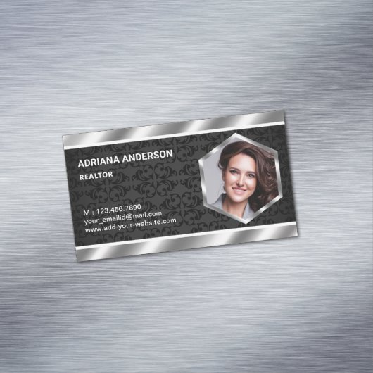 Black Damask Metallic Real Estate Photo Realtor Magnetisch Visitekaartje (Voorbeeld)