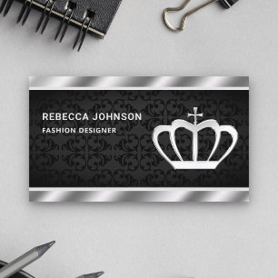 Black Damask Metallic Steel Silver Crown Visitekaartje