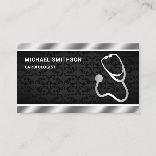 Black Damask Metallic Steel Stethoscope Doctor Visitekaartje (Voorkant)