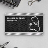 Black Damask Metallic Steel Stethoscope Doctor Visitekaartje