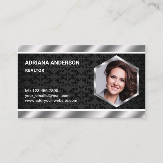 Black Damask Metallic Vastgoed Fotomakelaar Visitekaartje (Voorkant)