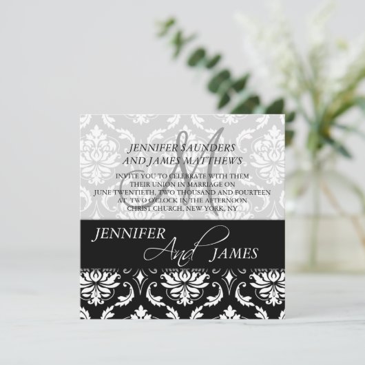 Black Damask Monogram Name Wedding Invitations Kaart (Staand voorkant)