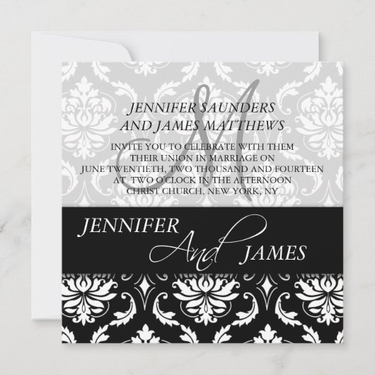 Black Damask Monogram Name Wedding Invitations Kaart (Voorkant)