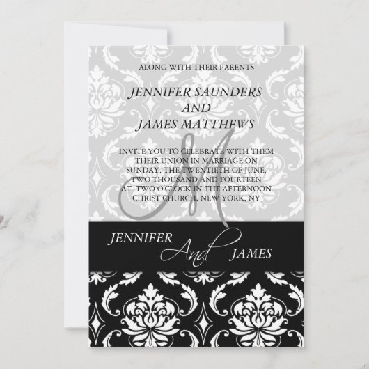 Black Damask Monogram Names Wedding Invitations Kaart (Voorkant)