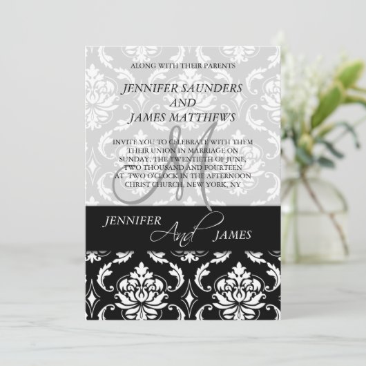 Black Damask Monogram Names Wedding Invitations Kaart (Staand voorkant)