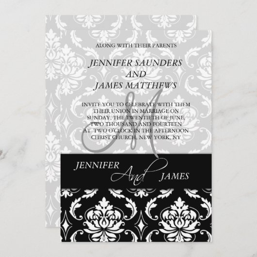 Black Damask Monogram Names Wedding Invitations Kaart (Voorkant / Achterkant)