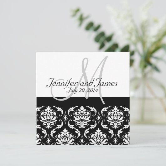 Black Damask Monogram Names Wedding Invitations Kaart (Staand voorkant)