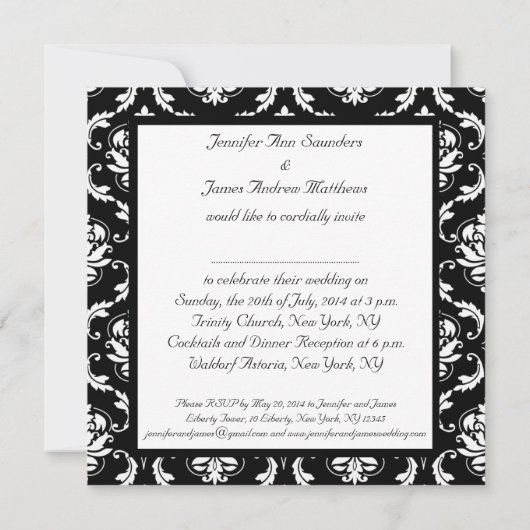 Black Damask Monogram Names Wedding Invitations Kaart (Achterkant)