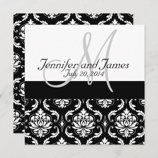 Black Damask Monogram Names Wedding Invitations Kaart (Voorkant / Achterkant)