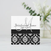 Black Damask Monogram Names Wedding Invitations Kaart (Staand voorkant)
