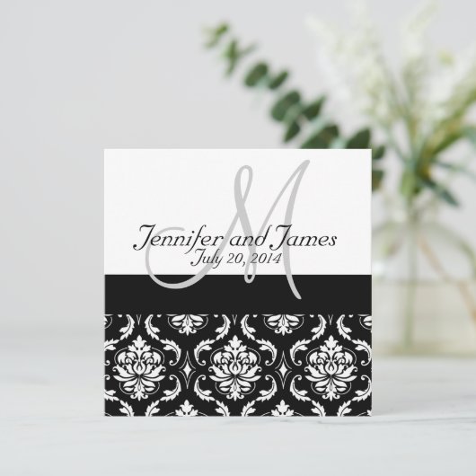 Black Damask Monogram Names Wedding Invitations Kaart (Staand voorkant)