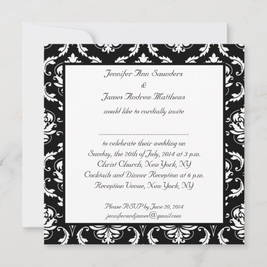 Black Damask Monogram Names Wedding Invitations Kaart (Achterkant)