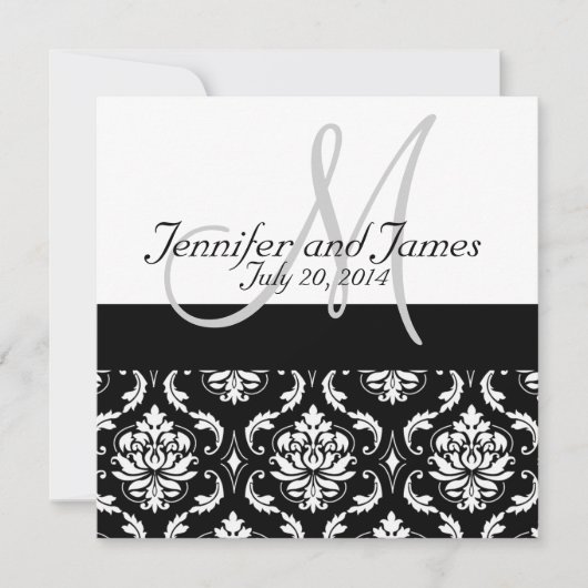 Black Damask Monogram Names Wedding Invitations Kaart (Voorkant)