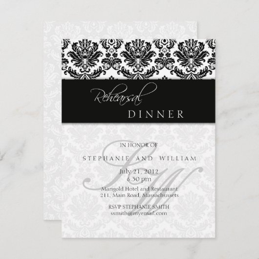 Black Damask Monogram Rehearsal Dinner Kaart (Voorkant / Achterkant)