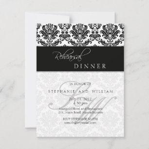 Black Damask Monogram Rehearsal Dinner Kaart