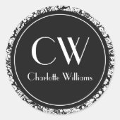 Black Damask Monogram Ronde Sticker (Voorkant)