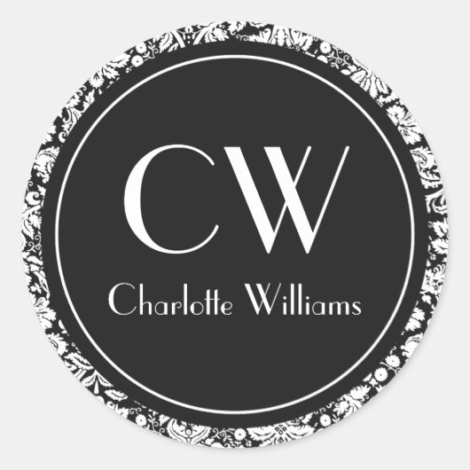 Black Damask Monogram Ronde Sticker (Voorkant)