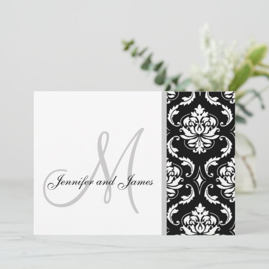 Black Damask Monogram Wedding Invitations Kaart (Staand voorkant)