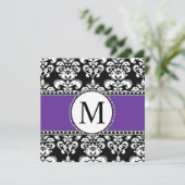 Black Damask Monogram Wedding Invitations Paars Kaart (Staand voorkant)
