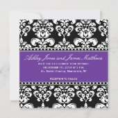 Black Damask Monogram Wedding Invitations Paars Kaart (Achterkant)