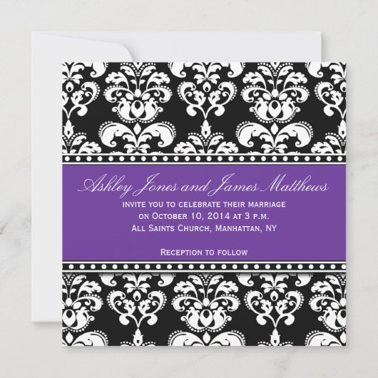 Black Damask Monogram Wedding Invitations Paars Kaart (Achterkant)