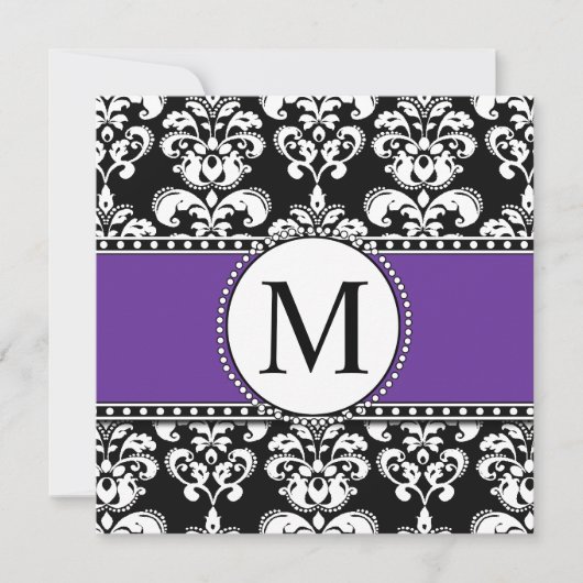 Black Damask Monogram Wedding Invitations Paars Kaart (Voorkant)