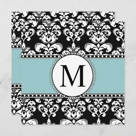 Black Damask Monogram Wedding Invitting Blue Kaart (Voorkant / Achterkant)