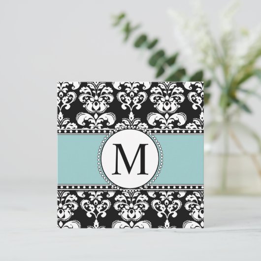 Black Damask Monogram Wedding Invitting Blue Kaart (Staand voorkant)