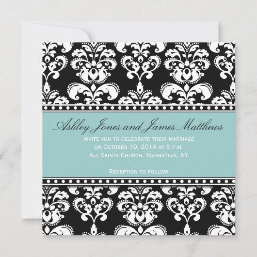 Black Damask Monogram Wedding Invitting Blue Kaart (Achterkant)