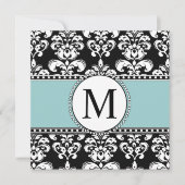 Black Damask Monogram Wedding Invitting Blue Kaart (Voorkant)