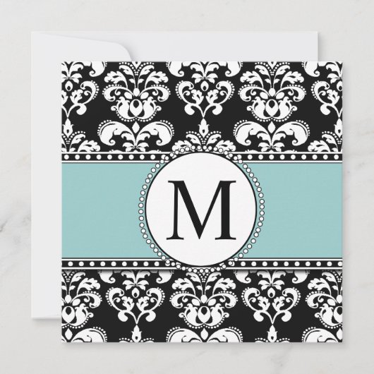 Black Damask Monogram Wedding Invitting Blue Kaart (Voorkant)