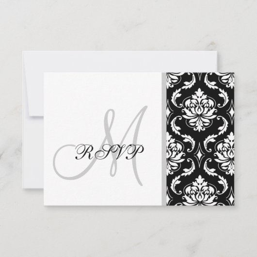 Black Damask Monogram Wedding RSVP Kaartje (Voorkant)