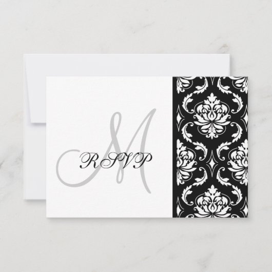 Black Damask Monogram Wedding RSVP Kaartje (Voorkant)