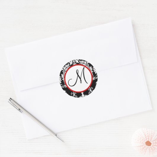 Black Damask Monogram Wedding Seal Ronde Sticker (Envelop)