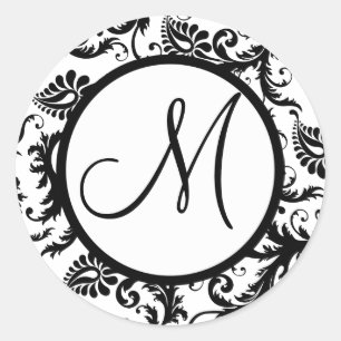 Black Damask Monogram Wedding Seal Ronde Sticker