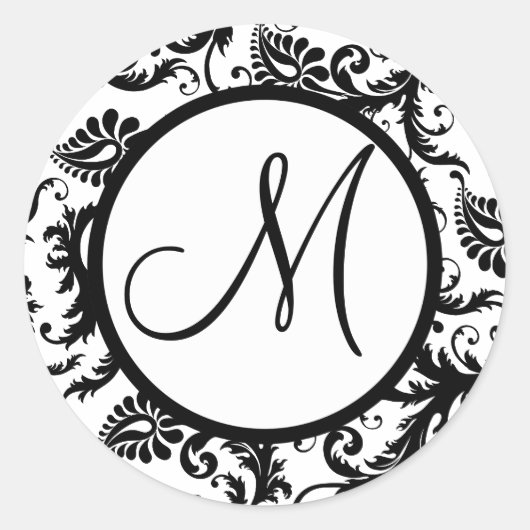 Black Damask Monogram Wedding Seal Ronde Sticker (Voorkant)