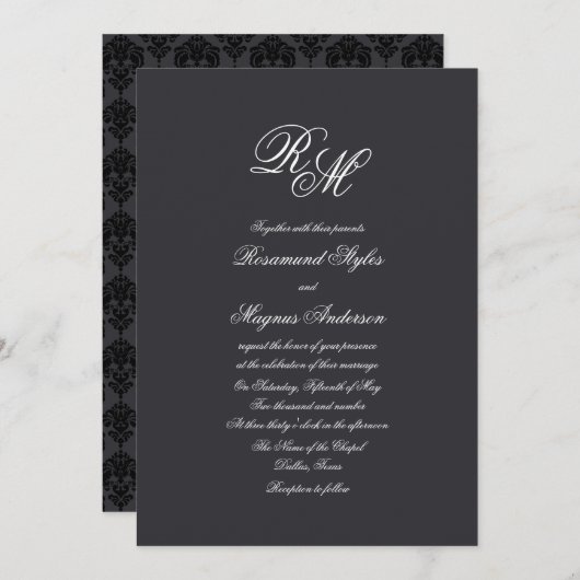 Black Damask | Monogrammed Wedding Kaart (Voorkant / Achterkant)