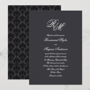 Black Damask   Monogrammed Wedding Kaart