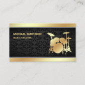 Black Damask Music Teacher Gold Drum Kit Drummer Visitekaartje (Voorkant)