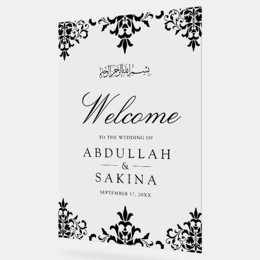 Black Damask Muslim Wedding Welcome Acryl Bord (Hoek)